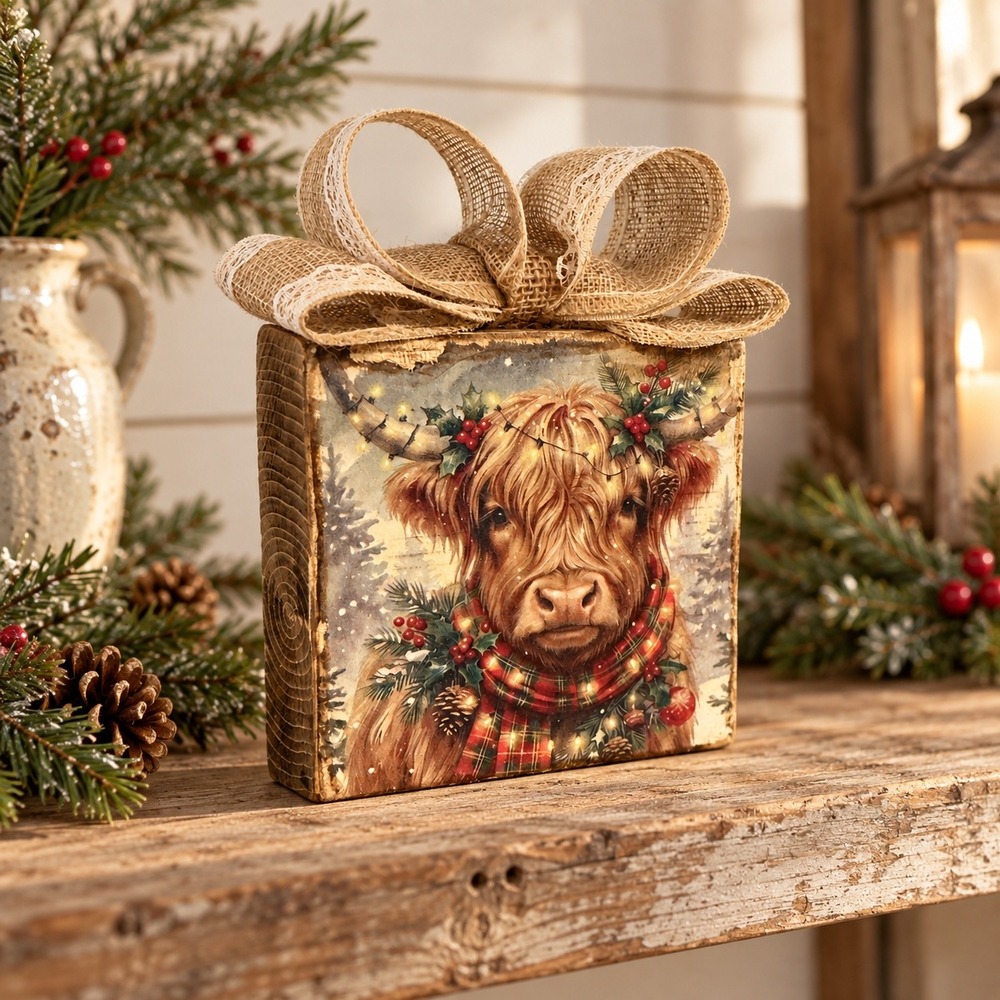 Handmade Christmas Highland Cow Wood Block Decor Burlap Bow Rustic Farmhouse